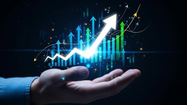 Hand holding a glowing upward trending financial graph with bars and arrows, symbolizing business growth, success, and economic prosperity in a digital world - Powered by Adobe