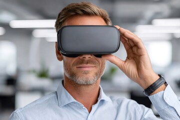 Businessman wearing virtual reality headset in office exploring metaverse