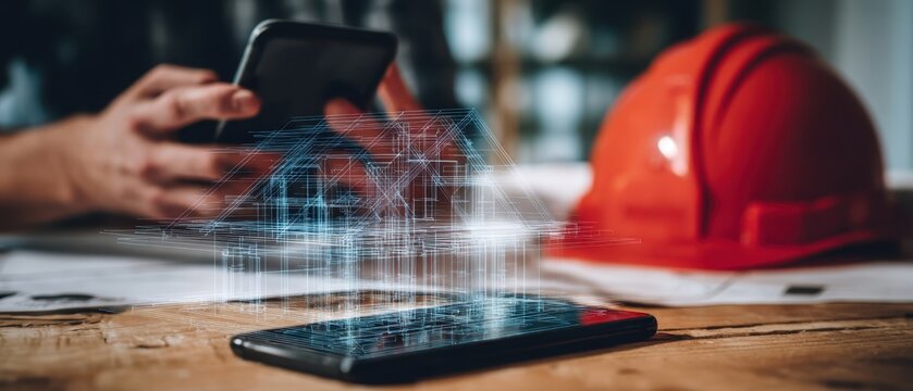 The smartphone displaying a futuristic house design in a construction setting.