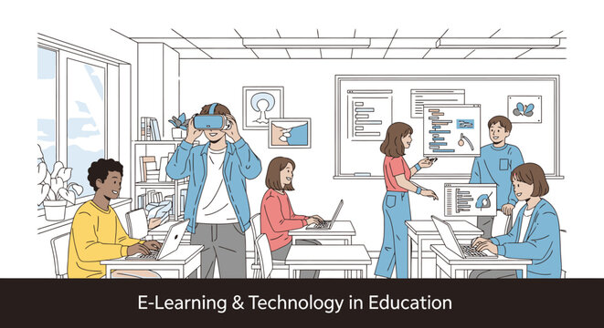 Engaging Classroom Scene Showcasing E-Learning and Innovative Technology Integration in Education with Students Using VR Goggles and Laptops for an Interactive Learning Experience