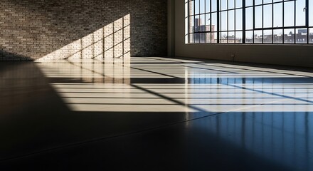 Obraz premium Sunlight streaming through industrial windows onto a polished floor creating dynamic shadow patterns in a loft space