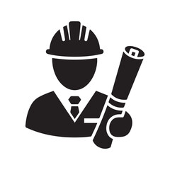 Architect or engineer icon. Vector silhouette of a construction worker with hard hat and blueprint.
