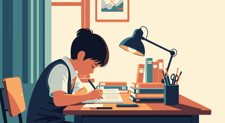 Focused Young Student Engaged in Homework at a Wooden Desk Surrounded by Books and Stationery in a Cozy Room with Warm Lighting and Calm Ambience, Ideal for Educational and Learning Themes