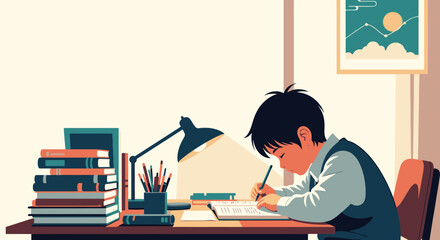 Focused Young Student Engaged in Homework at a Cozy Study Desk Surrounded by Books and Stationery, Perfect for Educational Themes and Childhood Learning Representation