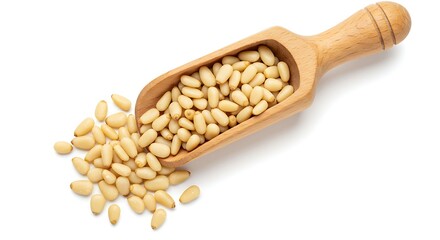 Scoop with Pine Nuts on White Background, Top View – Raw Edible Seed for Cooking and Nutrition.