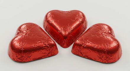 Heart Shaped Chocolate Candies in Red Foil on White Background – Romantic Sweet Treats.