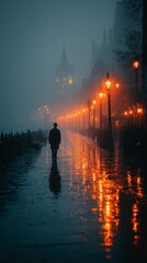 A lone figure walks down a snow-dusted wet street lined with glowing orange streetlights reflecting vividly on the dark surface with blurred historic buildings in the misty background