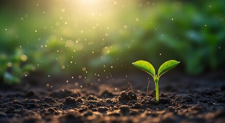 Tiny green sprout emerging from fertile soil in sunlight evoking growth and new beginnings representing hope and the beauty of nature