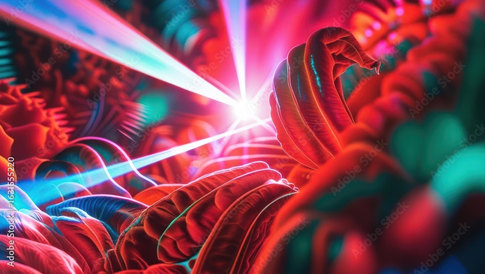 Poster vibrant abstract design with intersecting light beams.