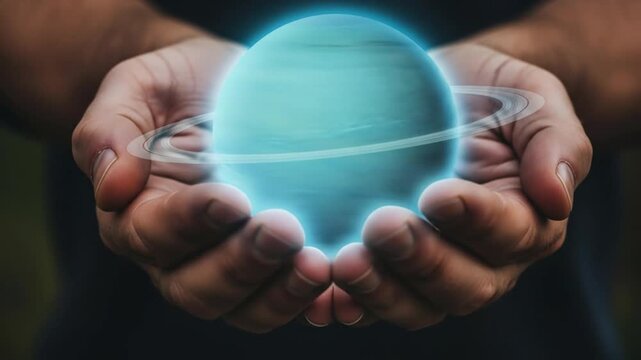 A pair of human hands gently holding a glowing miniature planet, a concept of creation, cosmology, and care for the universe.
