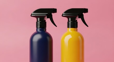 Two spray bottles with black nozzles on a pink background ideal for cleaning products or hygiene concepts and advertising materials