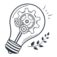 A lightbulb with gears inside and a branch with leaves, representing innovation and growth