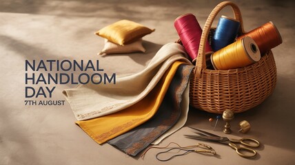 National Handloom Day, Bright spools of yarn in basket celebrating Indian handloom traditions.