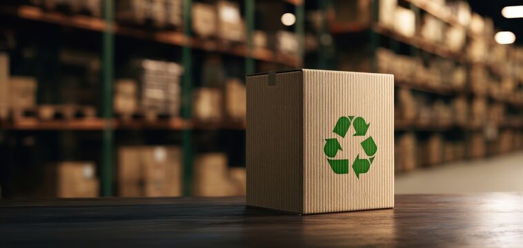 The eco-friendly cardboard box in a sustainable warehouse environment.