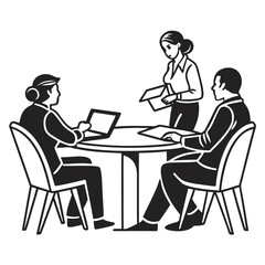 Business team meeting around a table, discussing project strategy isolated on white background