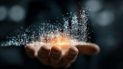 Hand holding glowing digital data streams representing innovation and future technology growth