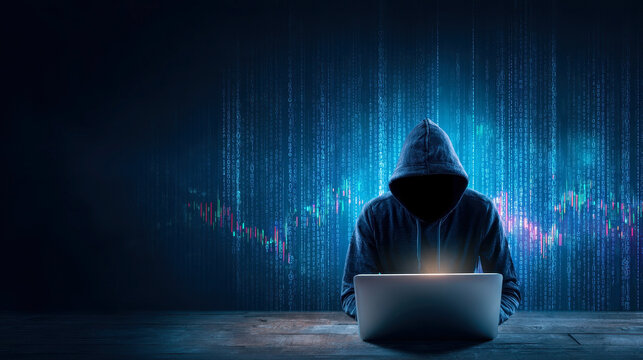 A hooded figure cloaked in darkness hacks into a system, binary code and data streams flowing behind them.