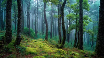 Fototapeta premium misty lush green forest scene with mossy ground