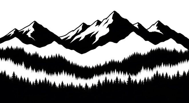 Majestic snow-capped mountain range silhouetted against a clear sky, with a dense evergreen forest at its base.