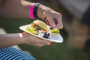 Assorted bite-sized appetizers – beautifully presented mini sandwiches, cheese and meat bites,...