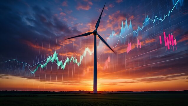 Wind Turbine at Sunset with Stock Market Overlay Depicting Renewable Energy Investment and Sustainability Finance - Powered by Adobe