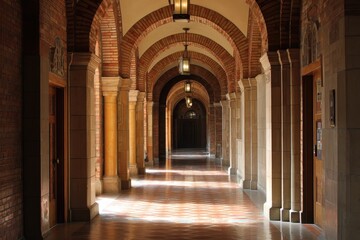 Architectural Marvel: UCLA Royce Hall Corridor Showcasing Light and Grandeur of College Campus