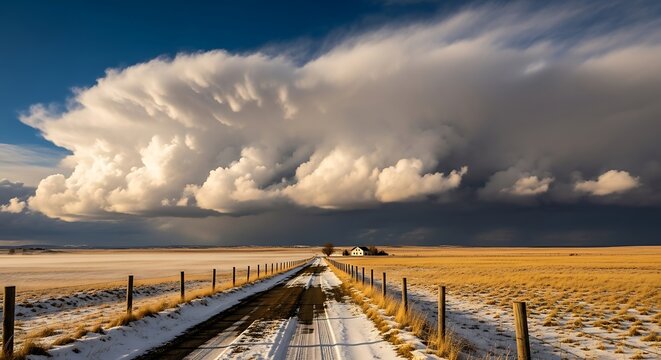 Winter road leading to a distant farmhouse under a dramatic cloudy sky with snow covered fields in a rural landscape scene