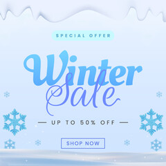 Winter Sale Promotion With Snowflakes and Festive Seasonal Offer Details