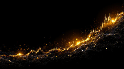 A shimmering gold chart ascends on a black background, symbolizing financial success, growth, and investment opportunities in a dynamic digital landscape.