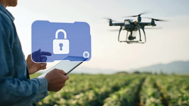 natural soft lighting, new generation farmer using tablet beside drone hovering over crop field