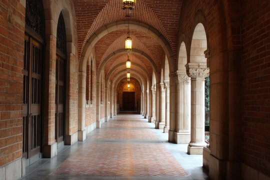 UCLA Royce Hall Corridor: Architectural Marvel of Campus with Cathedral-Like Arches and Illuminated Ambiance