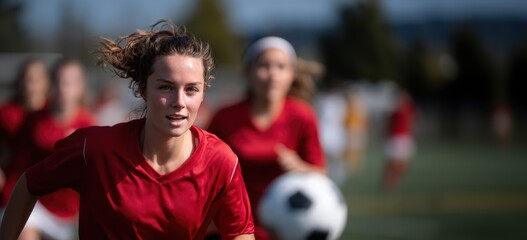 Female soccer players in red jerseys during intense match on outdoor field