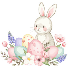 Obraz premium Adorable Easter Bunny with Decorated Eggs and Spring Flowers Illustration for Seasonal Greetings