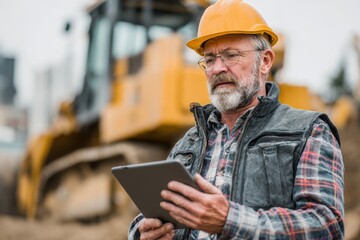 Mature Caucasian Construction Worker Engaged with Digital Tablet on Active Building Site