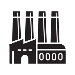 Industrial factory building icon. Black silhouette of a manufacturing plant with smokestacks, vector graphic illustration.
