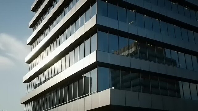 Modern Office Building Exterior, Glass Facade, Corporate Architecture, Sunlight Reflection