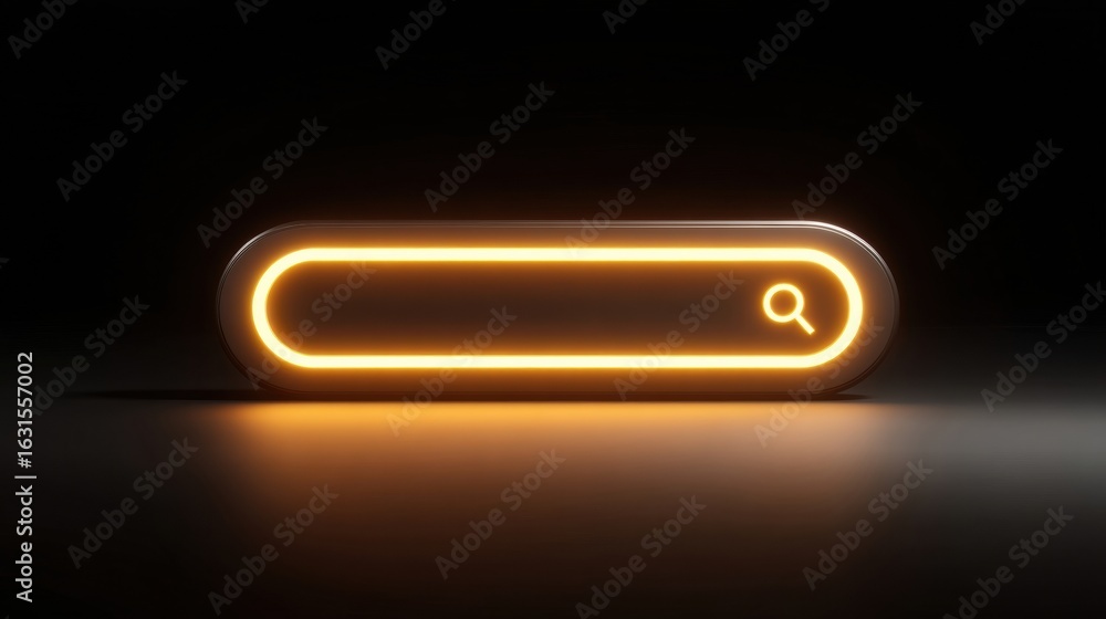 Poster neon search bar glowing in a dark environment showcasing digital interface design perspective