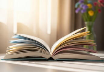 Open book with colorful pages on a table with sunlight