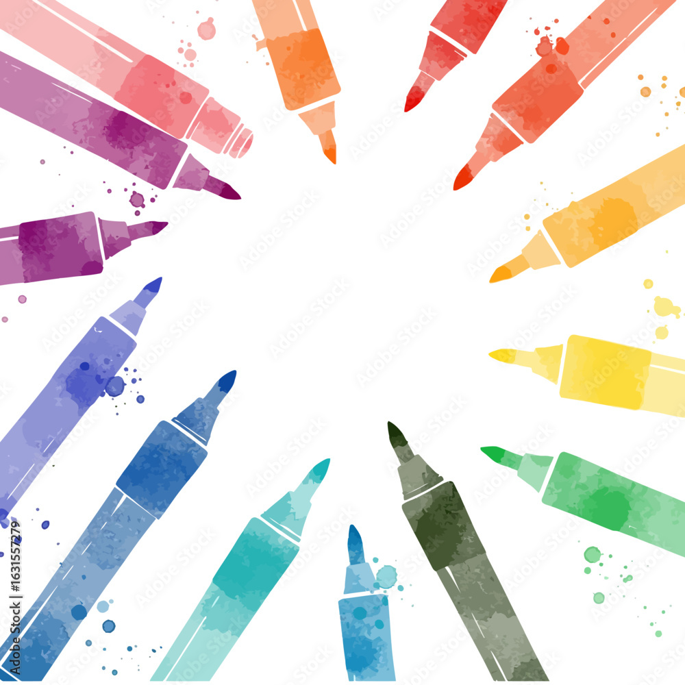 Aufkleber watercolor markers in a circle around white space creating a vibrant rainbow spectrum effect, suitab