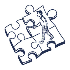 Illustration of a man walking on puzzle pieces isolated on white background, symbolizing solution