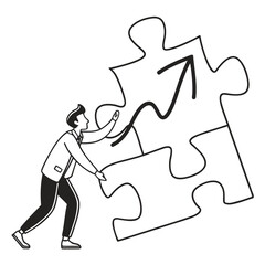 Illustration of a man pushing a puzzle piece with an arrow isolated on white background
