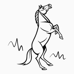 Illustration of a rearing horse isolated on white background in black and white style