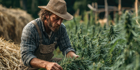 Farmer harvesting mature hemp plants by hand in rural outdoor field, showcasing sustainable agriculture and natural fiber production process. Copy space for promotional use
