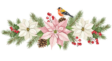 Festive Christmas floral arrangement with poinsettias, pine branches, berries, pine cones and a cheerful goldfinch bird