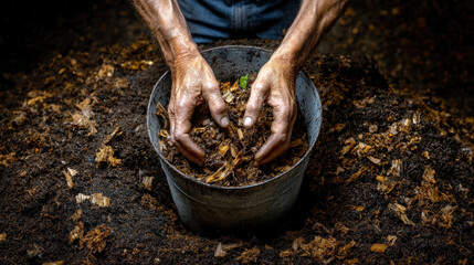 Weathered hands gently work rich, dark soil mixed with wood chips, showcasing the dedication and connection between a gardener and the earth.