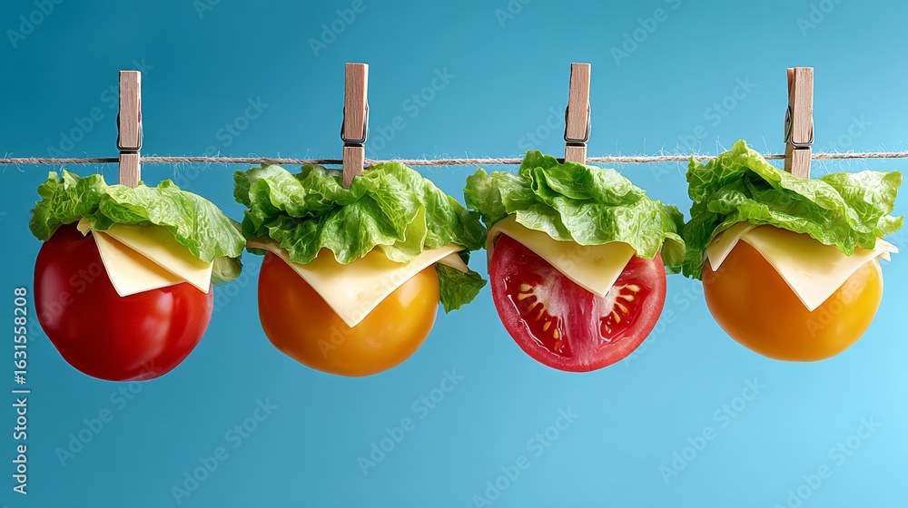 Poster row of four tomatoes with lettuce on top and a tomato in the middle. concept of creativity and playf
