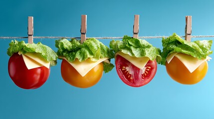 Row of four tomatoes with lettuce on top and a tomato in the middle. Concept of creativity and playfulness, as the vegetables are arranged in a fun and unconventional way