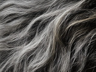 Detailed macro shot of dark shaggy animal fur with interwoven light gray strands
