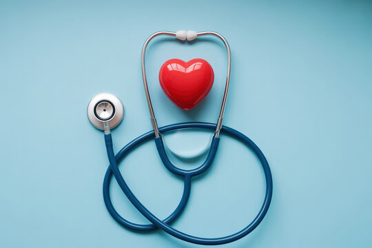 Heart Health Concept Stethoscope and Red Heart Symbol on Light Blue Background Promoting Medical Checkups and Cardiovascular Wellness