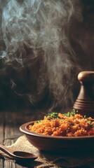 Delicious Steaming Bowl of Quinoa Salad with Fresh Herbs on a Rustic Wooden Table with a Spoon and Pepper Grinder in the Background